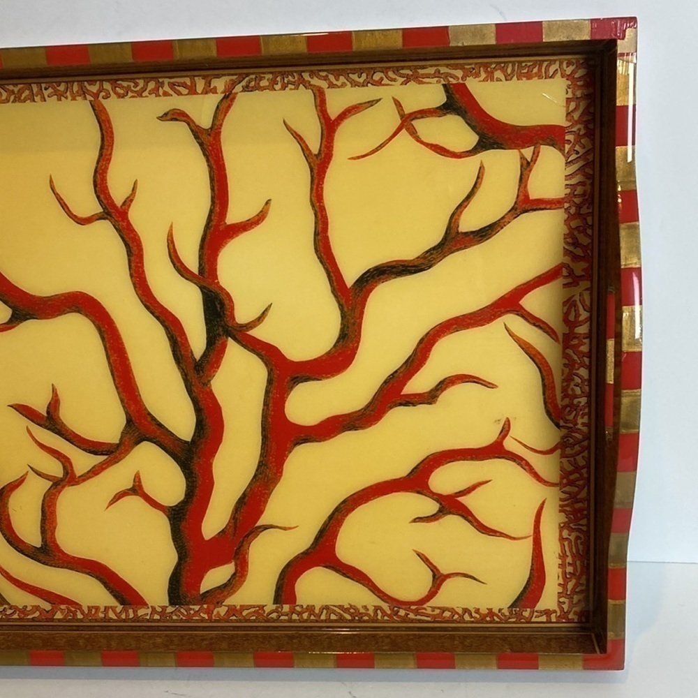 Annie Modica Signed Lobster Coral Stripe Decoupage Style Handle Tray Artisan - Picture 7 of 16